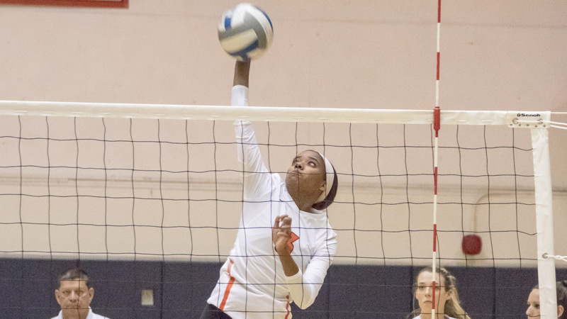 Sophomore Paige Madkin had a match high 18 kills in Citrus' four-set victory at Santa Monica College. Photo By: Ricky Lin