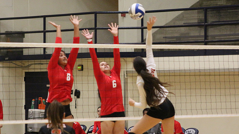 Middle Blocker Iris Bernal (7) swings high above the block late in game 3.
